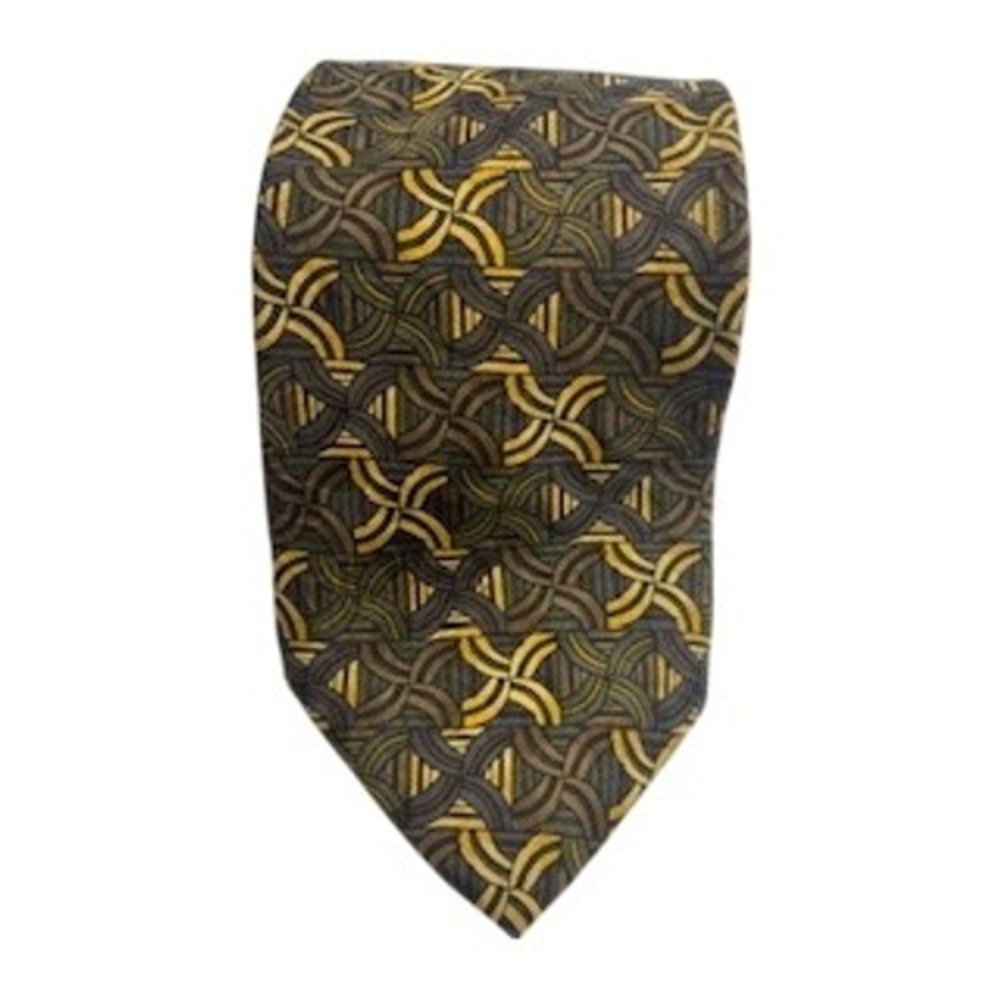 J. Garcia Necktie Geometric Circles Pattern Brown Gold Silk Blend Mens‎ Tie